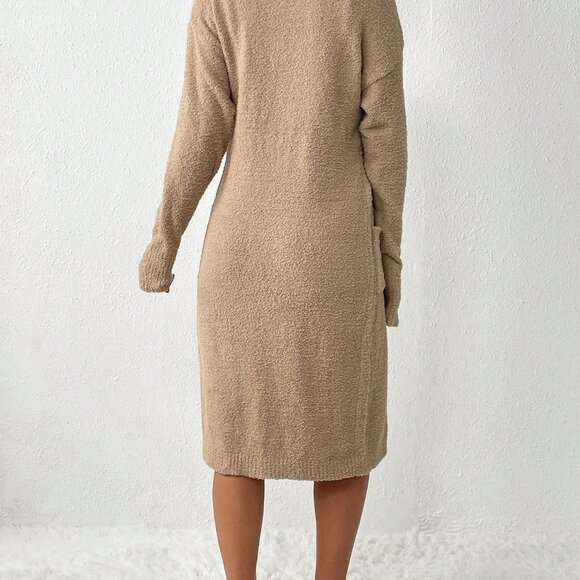 Tan Casual Womens Drop Shoulder Drawstring Cardigan & Knit Top & Knit Shorts - Picture 2 of 5